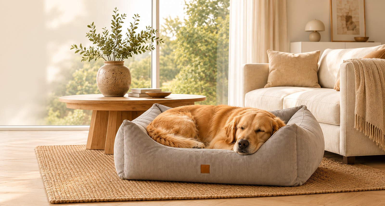 Hundebett in hellem Wohnzimmer