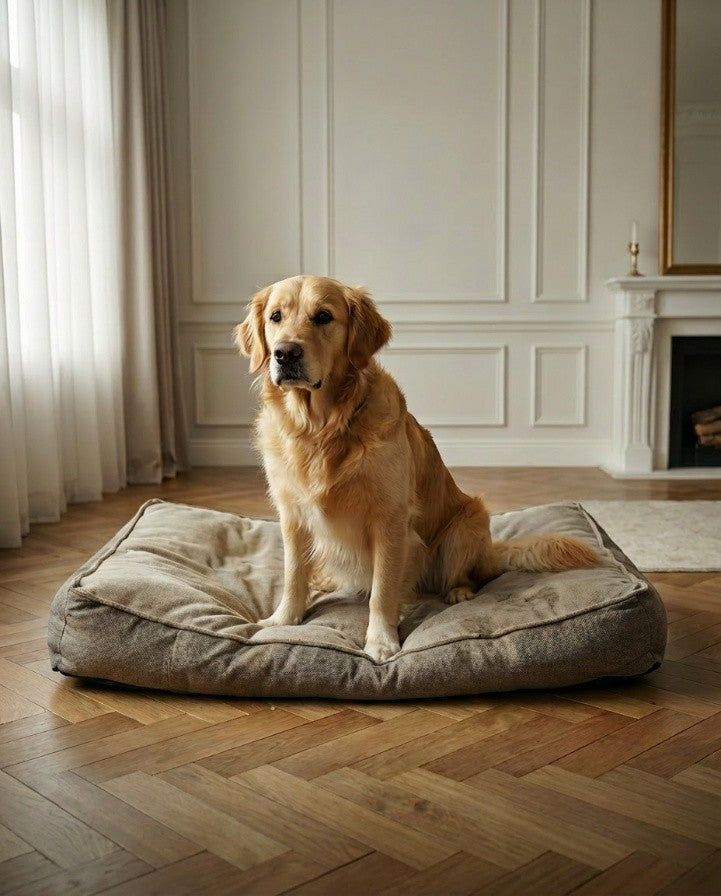 Dog on a refined dog bed in a calm interior